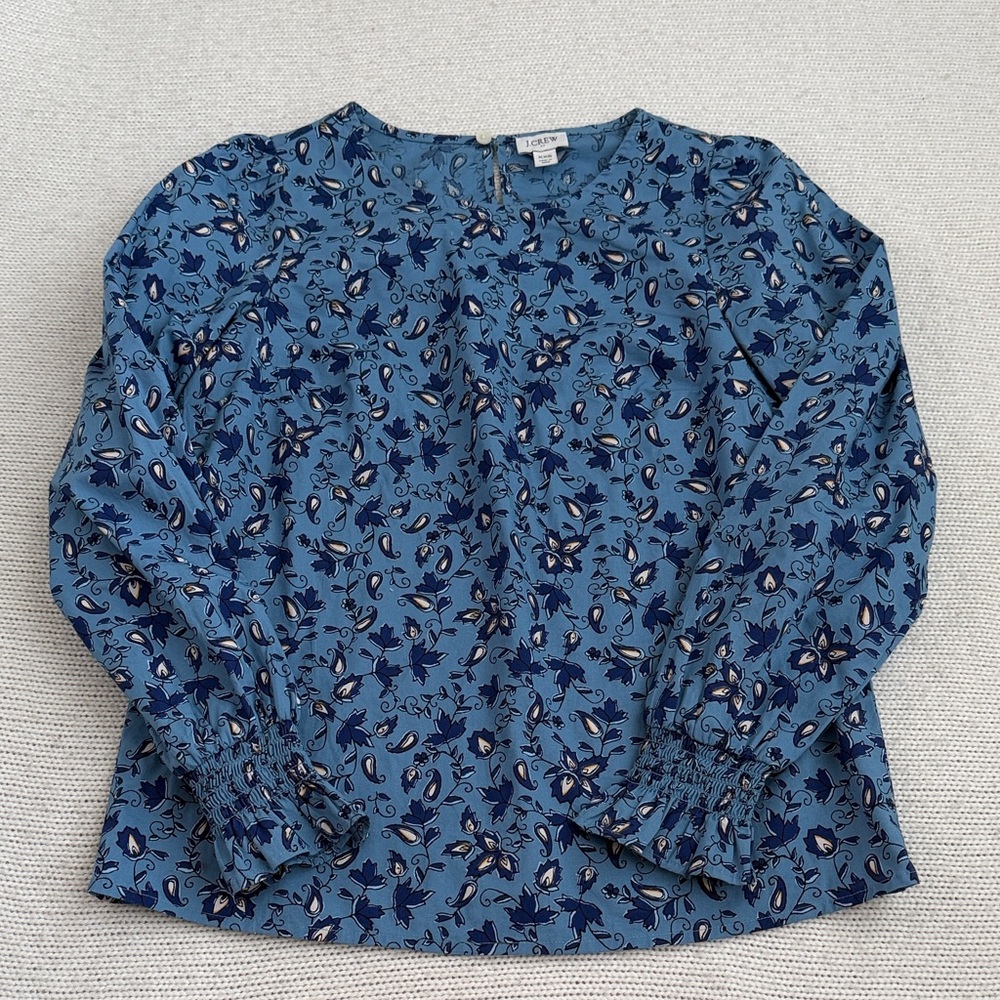 J Crew Cotton Long Sleeve Printed Floral Poplin Blouse Blue Size XXS